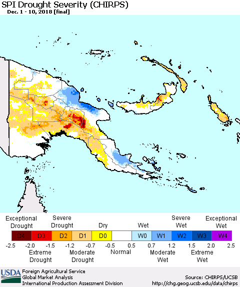 Papua New Guinea SPI Drought Severity (CHIRPS) Thematic Map For 12/1/2018 - 12/10/2018