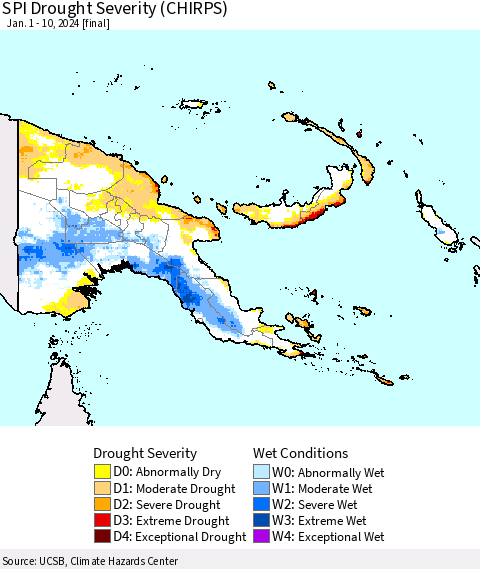Papua New Guinea SPI Drought Severity (CHIRPS) Thematic Map For 1/1/2024 - 1/10/2024