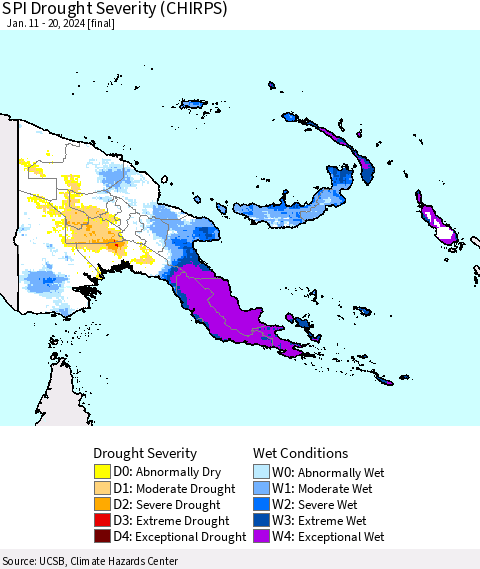 Papua New Guinea SPI Drought Severity (CHIRPS) Thematic Map For 1/11/2024 - 1/20/2024