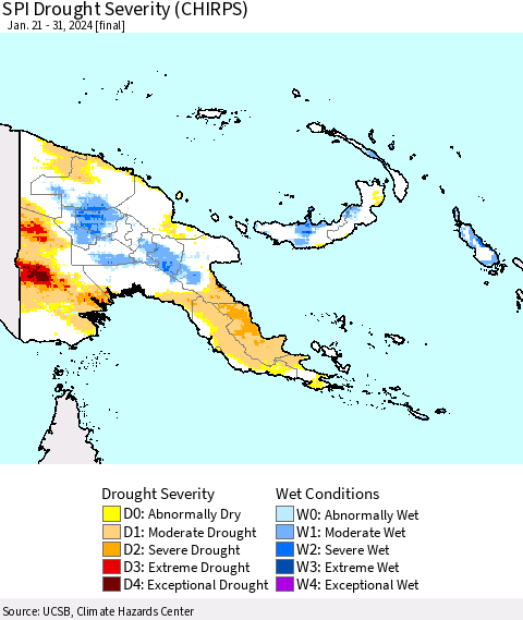 Papua New Guinea SPI Drought Severity (CHIRPS) Thematic Map For 1/21/2024 - 1/31/2024