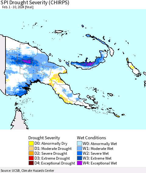 Papua New Guinea SPI Drought Severity (CHIRPS) Thematic Map For 2/1/2024 - 2/10/2024