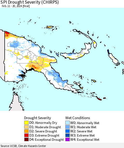 Papua New Guinea SPI Drought Severity (CHIRPS) Thematic Map For 2/11/2024 - 2/20/2024