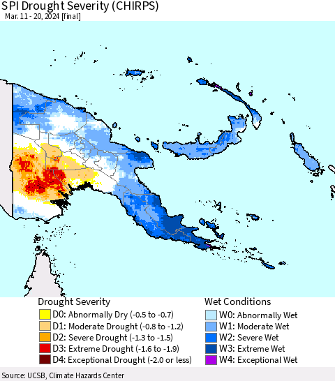 Papua New Guinea SPI Drought Severity (CHIRPS) Thematic Map For 3/11/2024 - 3/20/2024