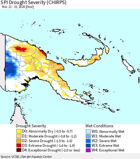 Papua New Guinea SPI Drought Severity (CHIRPS) Thematic Map For 3/21/2024 - 3/31/2024