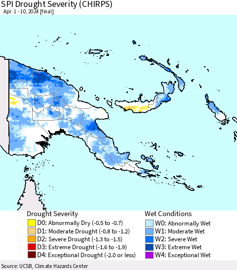 Papua New Guinea SPI Drought Severity (CHIRPS) Thematic Map For 4/1/2024 - 4/10/2024