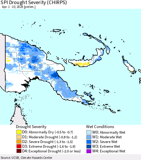 Papua New Guinea SPI Drought Severity (CHIRPS) Thematic Map For 4/1/2024 - 4/10/2024