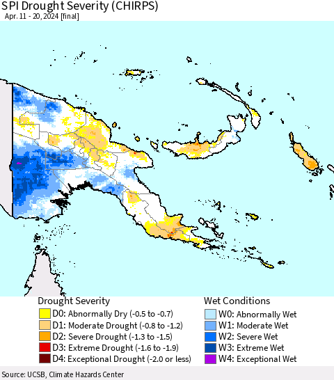 Papua New Guinea SPI Drought Severity (CHIRPS) Thematic Map For 4/11/2024 - 4/20/2024
