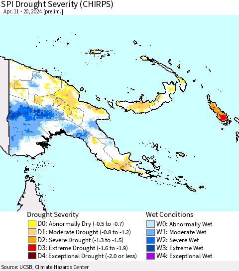 Papua New Guinea SPI Drought Severity (CHIRPS) Thematic Map For 4/11/2024 - 4/20/2024