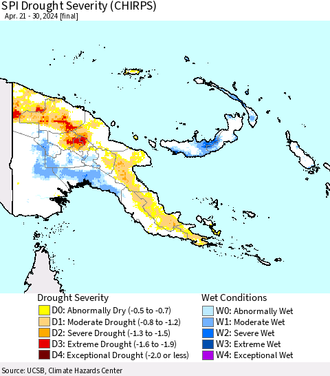 Papua New Guinea SPI Drought Severity (CHIRPS) Thematic Map For 4/21/2024 - 4/30/2024