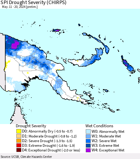 Papua New Guinea SPI Drought Severity (CHIRPS) Thematic Map For 5/11/2024 - 5/20/2024