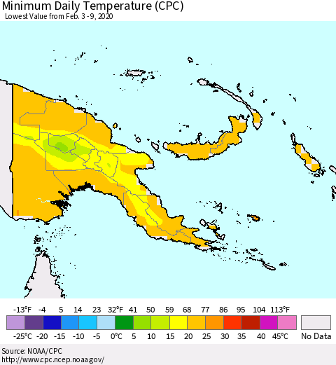 Papua New Guinea Minimum Daily Temperature (CPC) Thematic Map For 2/3/2020 - 2/9/2020