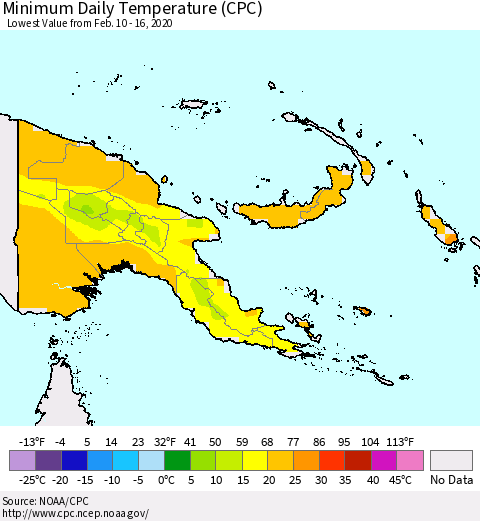 Papua New Guinea Minimum Daily Temperature (CPC) Thematic Map For 2/10/2020 - 2/16/2020