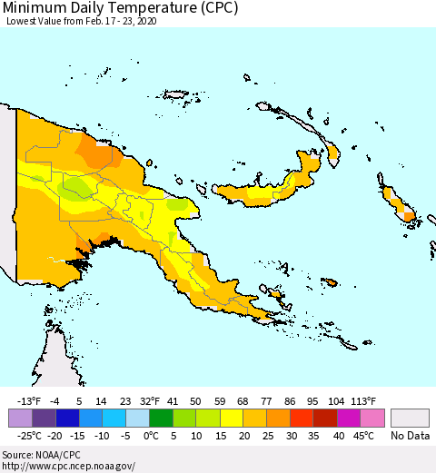 Papua New Guinea Minimum Daily Temperature (CPC) Thematic Map For 2/17/2020 - 2/23/2020