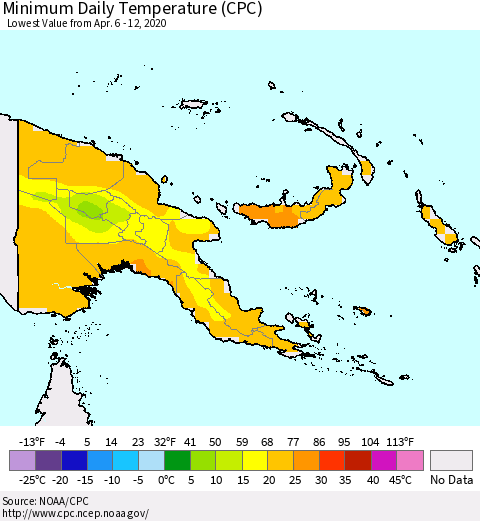 Papua New Guinea Minimum Daily Temperature (CPC) Thematic Map For 4/6/2020 - 4/12/2020