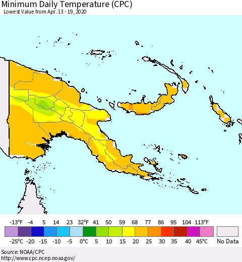 Papua New Guinea Minimum Daily Temperature (CPC) Thematic Map For 4/13/2020 - 4/19/2020