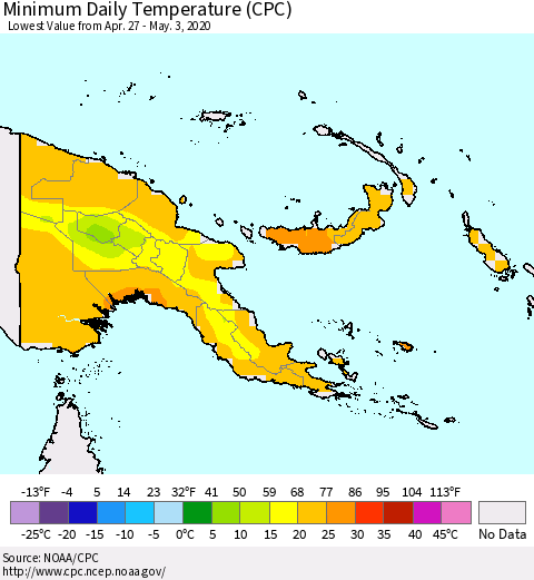 Papua New Guinea Minimum Daily Temperature (CPC) Thematic Map For 4/27/2020 - 5/3/2020