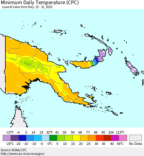 Papua New Guinea Minimum Daily Temperature (CPC) Thematic Map For 5/25/2020 - 5/31/2020