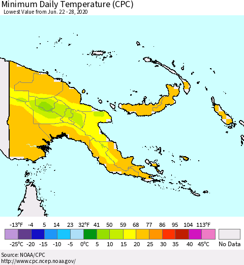 Papua New Guinea Minimum Daily Temperature (CPC) Thematic Map For 6/22/2020 - 6/28/2020