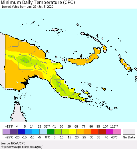 Papua New Guinea Minimum Daily Temperature (CPC) Thematic Map For 6/29/2020 - 7/5/2020