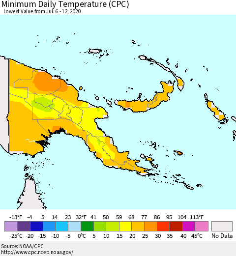 Papua New Guinea Minimum Daily Temperature (CPC) Thematic Map For 7/6/2020 - 7/12/2020