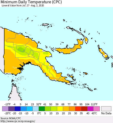 Papua New Guinea Minimum Daily Temperature (CPC) Thematic Map For 7/27/2020 - 8/2/2020