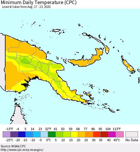 Papua New Guinea Minimum Daily Temperature (CPC) Thematic Map For 8/17/2020 - 8/23/2020