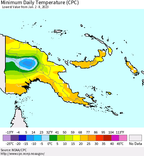 Papua New Guinea Minimum Daily Temperature (CPC) Thematic Map For 1/2/2023 - 1/8/2023