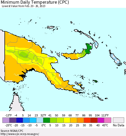 Papua New Guinea Minimum Daily Temperature (CPC) Thematic Map For 2/20/2023 - 2/26/2023