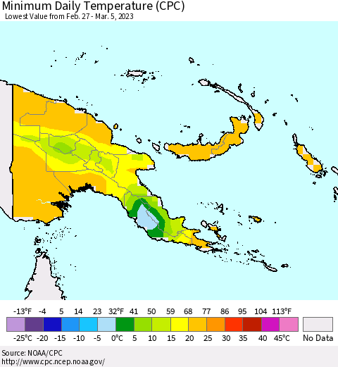 Papua New Guinea Minimum Daily Temperature (CPC) Thematic Map For 2/27/2023 - 3/5/2023