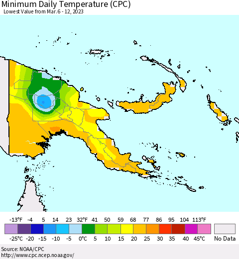 Papua New Guinea Minimum Daily Temperature (CPC) Thematic Map For 3/6/2023 - 3/12/2023