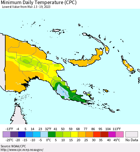 Papua New Guinea Minimum Daily Temperature (CPC) Thematic Map For 3/13/2023 - 3/19/2023