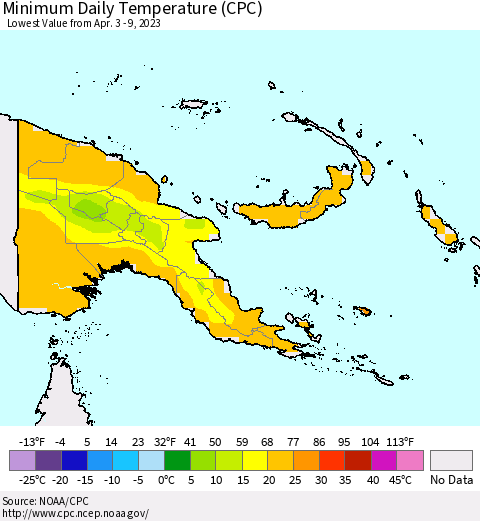 Papua New Guinea Minimum Daily Temperature (CPC) Thematic Map For 4/3/2023 - 4/9/2023