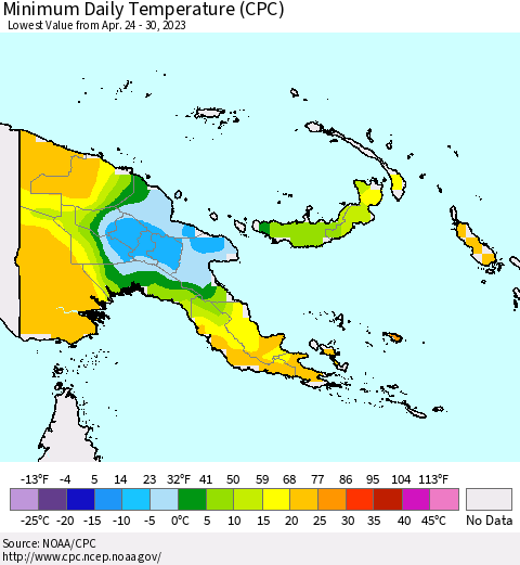 Papua New Guinea Minimum Daily Temperature (CPC) Thematic Map For 4/24/2023 - 4/30/2023