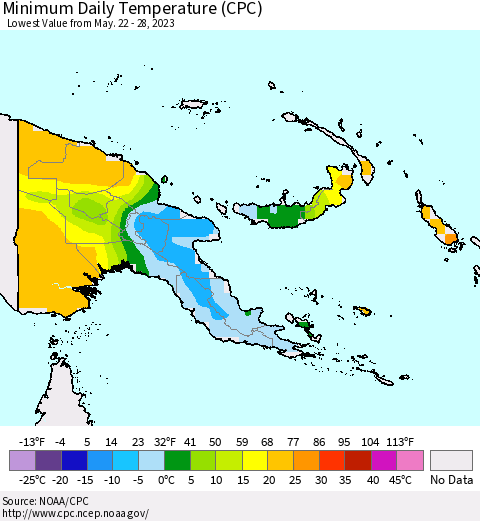 Papua New Guinea Minimum Daily Temperature (CPC) Thematic Map For 5/22/2023 - 5/28/2023