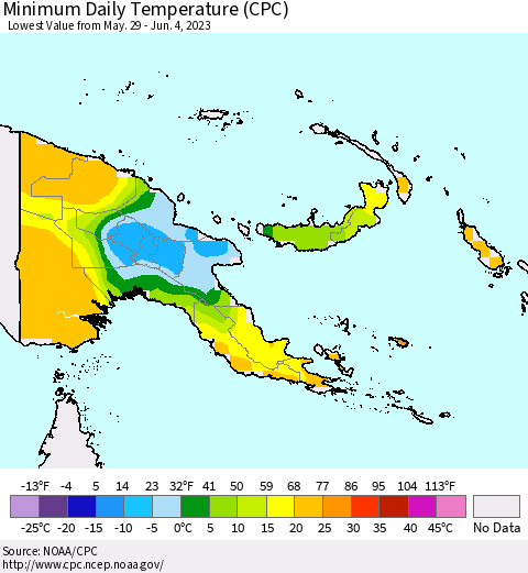 Papua New Guinea Minimum Daily Temperature (CPC) Thematic Map For 5/29/2023 - 6/4/2023