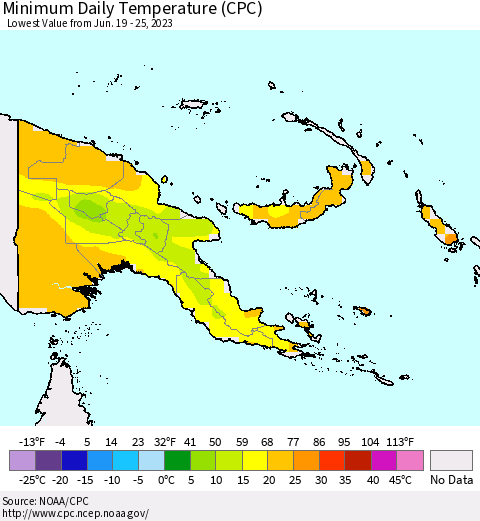 Papua New Guinea Minimum Daily Temperature (CPC) Thematic Map For 6/19/2023 - 6/25/2023