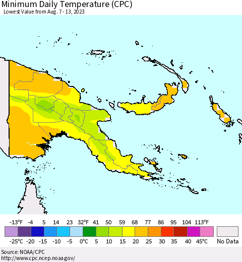 Papua New Guinea Minimum Daily Temperature (CPC) Thematic Map For 8/7/2023 - 8/13/2023