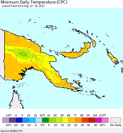Papua New Guinea Minimum Daily Temperature (CPC) Thematic Map For 8/14/2023 - 8/20/2023