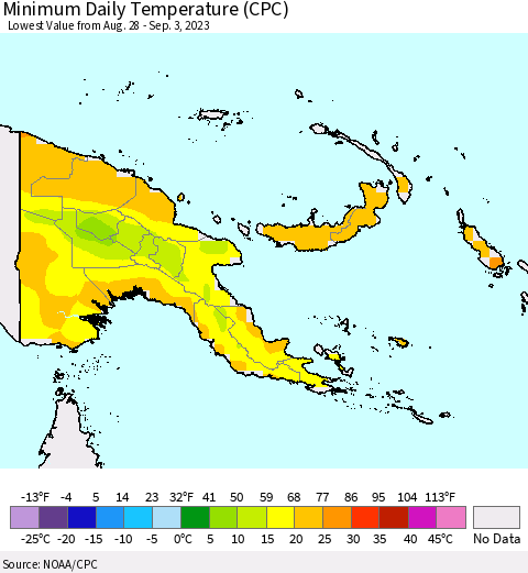 Papua New Guinea Minimum Daily Temperature (CPC) Thematic Map For 8/28/2023 - 9/3/2023