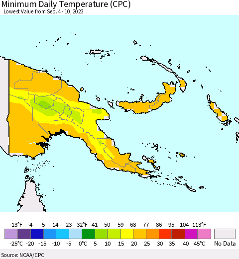 Papua New Guinea Minimum Daily Temperature (CPC) Thematic Map For 9/4/2023 - 9/10/2023