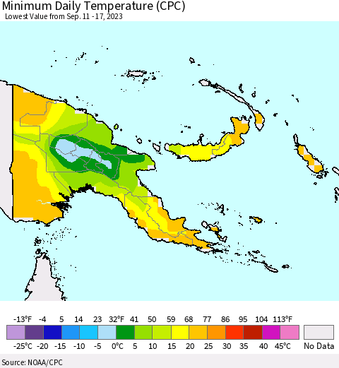 Papua New Guinea Minimum Daily Temperature (CPC) Thematic Map For 9/11/2023 - 9/17/2023