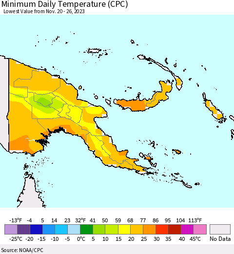 Papua New Guinea Minimum Daily Temperature (CPC) Thematic Map For 11/20/2023 - 11/26/2023