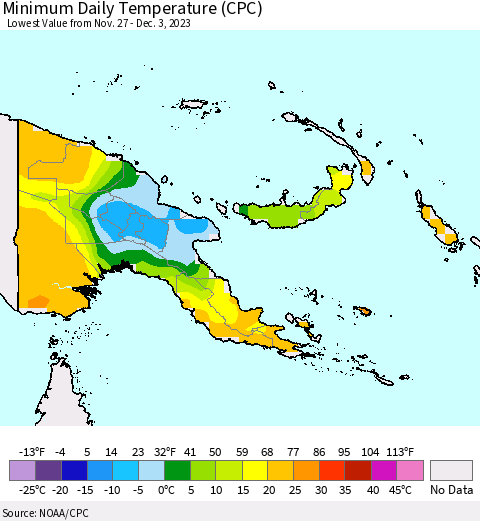 Papua New Guinea Minimum Daily Temperature (CPC) Thematic Map For 11/27/2023 - 12/3/2023