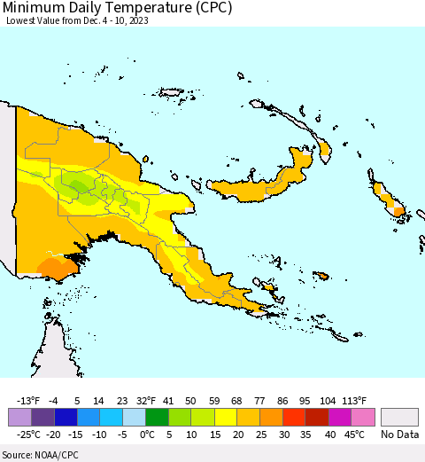 Papua New Guinea Minimum Daily Temperature (CPC) Thematic Map For 12/4/2023 - 12/10/2023