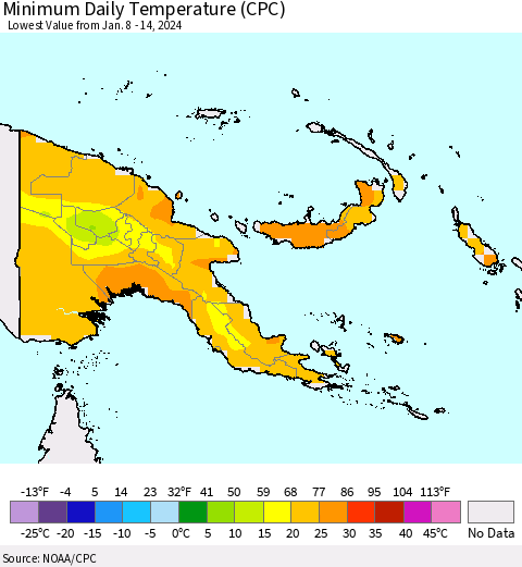 Papua New Guinea Minimum Daily Temperature (CPC) Thematic Map For 1/8/2024 - 1/14/2024