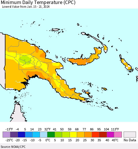 Papua New Guinea Minimum Daily Temperature (CPC) Thematic Map For 1/15/2024 - 1/21/2024