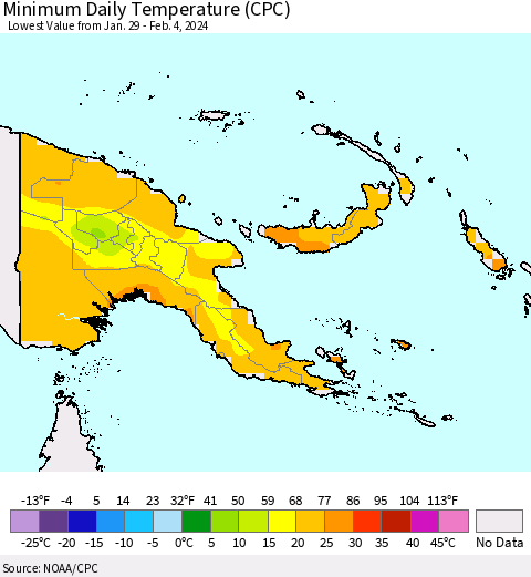 Papua New Guinea Minimum Daily Temperature (CPC) Thematic Map For 1/29/2024 - 2/4/2024