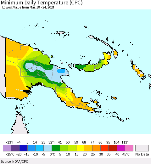 Papua New Guinea Minimum Daily Temperature (CPC) Thematic Map For 3/18/2024 - 3/24/2024