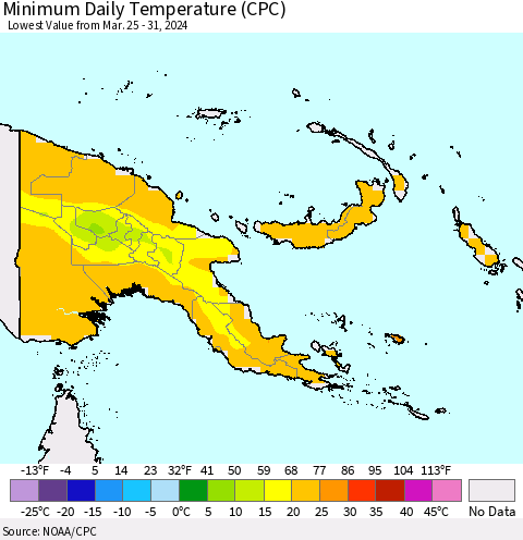 Papua New Guinea Minimum Daily Temperature (CPC) Thematic Map For 3/25/2024 - 3/31/2024