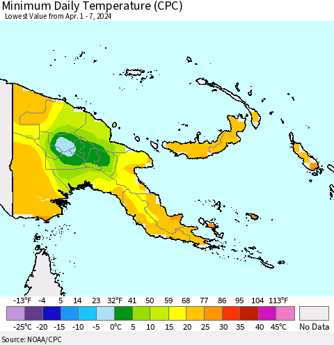 Papua New Guinea Minimum Daily Temperature (CPC) Thematic Map For 4/1/2024 - 4/7/2024